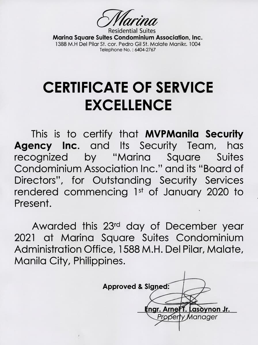 Certificate of Service Excellence from Marina Square Suites Condominium Association
